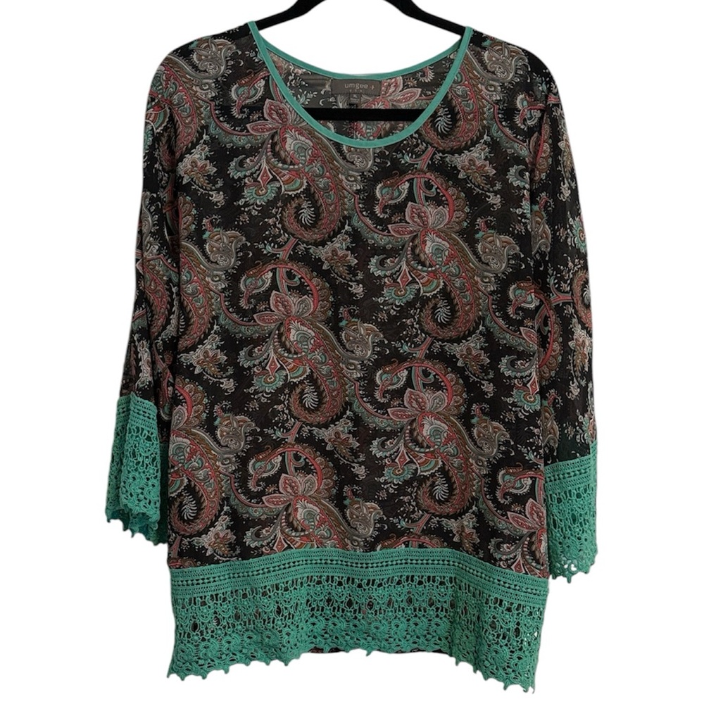 ☀️Umgee Paisley Print Semi-Sheer Blouse with Teal Crochet Detail
